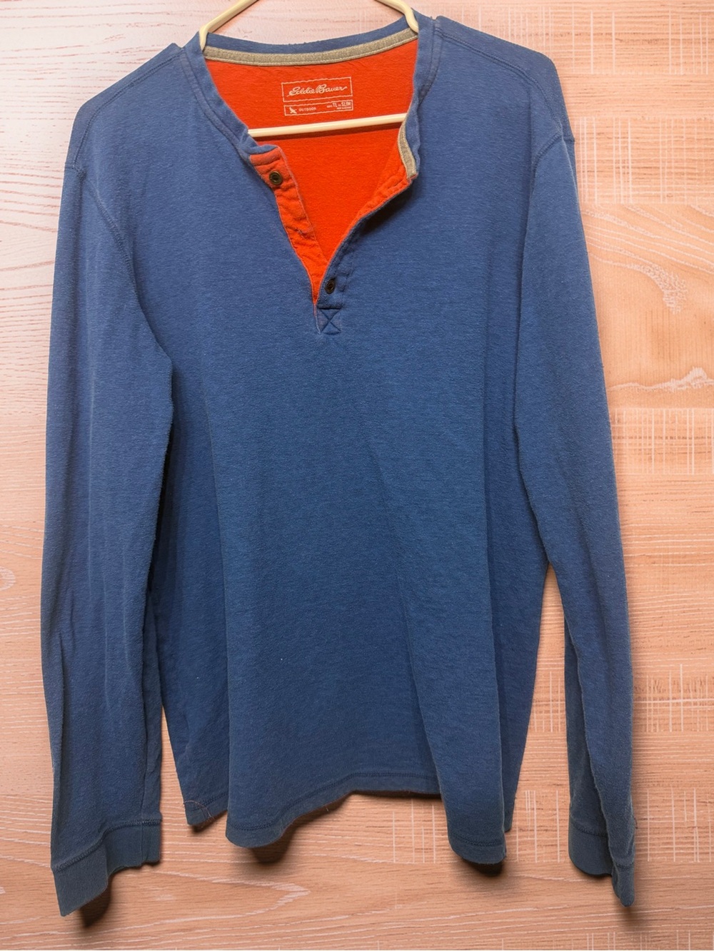 Eddie Bauer Blue Long-Sleeve Henley Sweater with Orange Placket